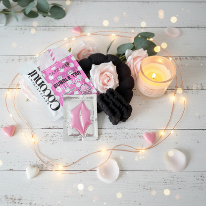 Luxury pamper gift box contents including revitalising coconut foot mask, bubble tea facial sheet mask, collagen lip mask and headband and wristband set, handmade in the UK