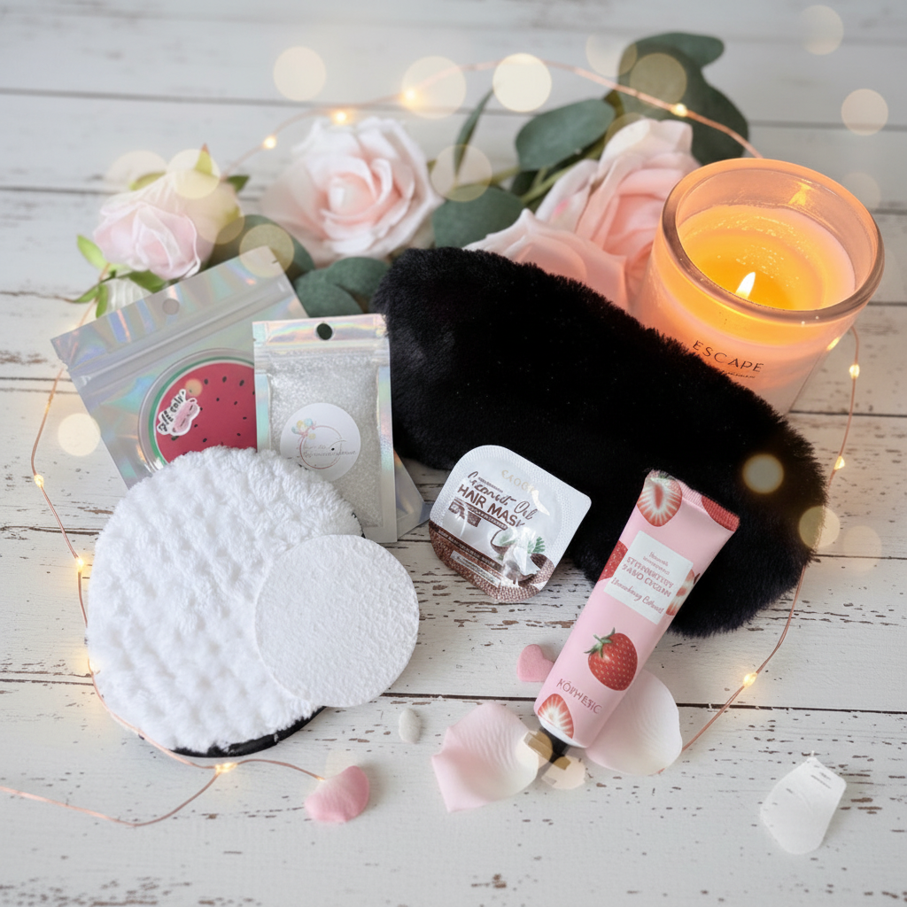 Luxury pamper gift box contents including reusable watermelon cooling eye pads, expanding face lather pad, reusable face sponge, coconut oil hair mask, strawberry hand cream and sleep eye mask, handmade in the UK