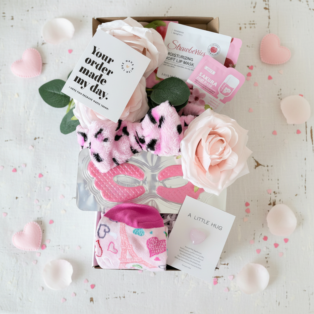 Open pamper gift box with pink leopard headband, strawberry lip mask, eye patches, Paris socks and A Little Hug card - handmade pamper gift UK