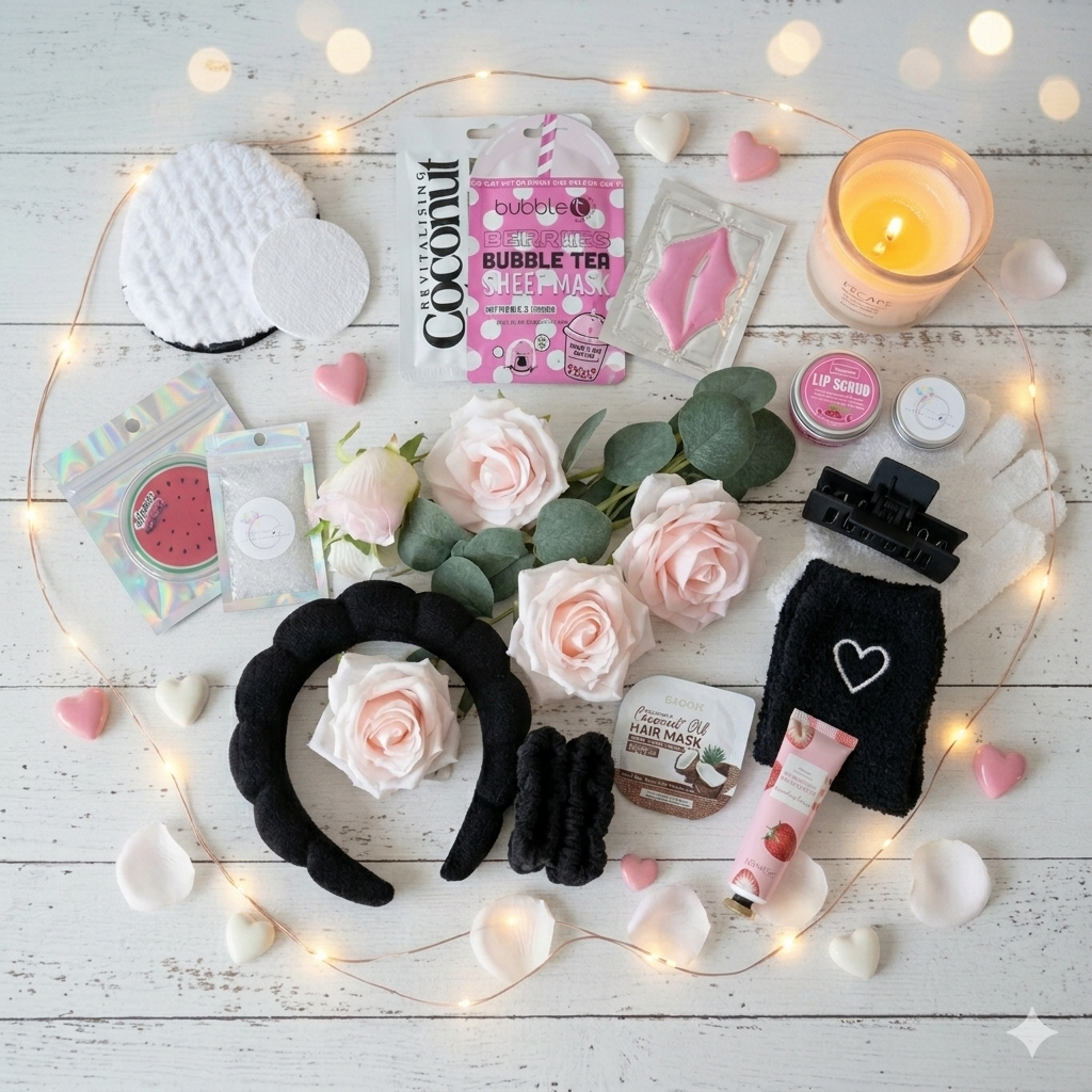 Ultimate luxury pamper gift box handmade in the UK, filled with spa essentials including hair mask, lip scrub, reusable exfoliating glove, sleep mask and hand cream