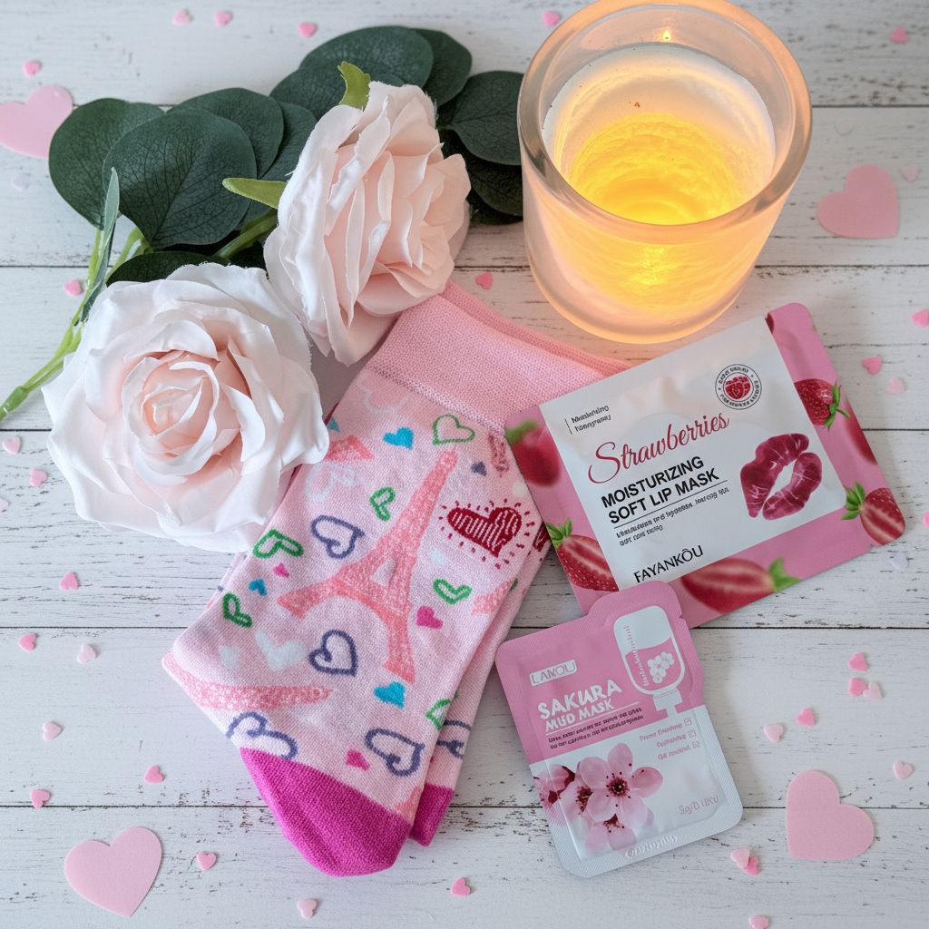 Pamper gift flat lay with Paris socks, strawberry lip mask and sakura face mask - UK pamper gift