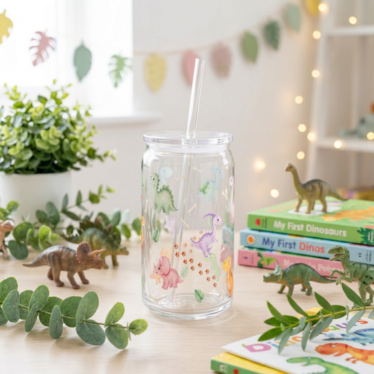 Pastel Dinosaurs 16oz plastic can cup with pastel dinosaur artwork, green leaves and footprints, clear lid and clear straw.