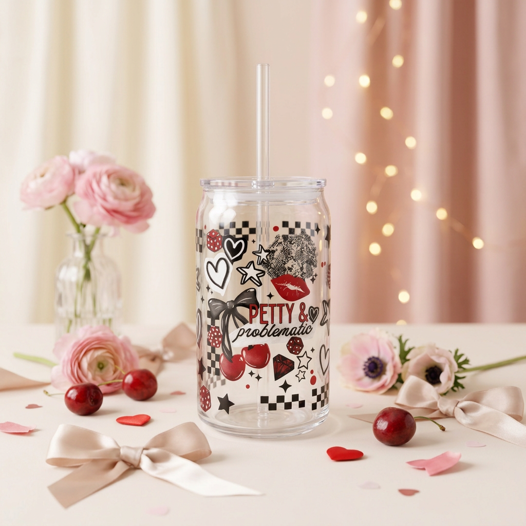 Petty and Problematic plastic can cup with black, white and red artwork, cherries, bows, clear lid and straw.