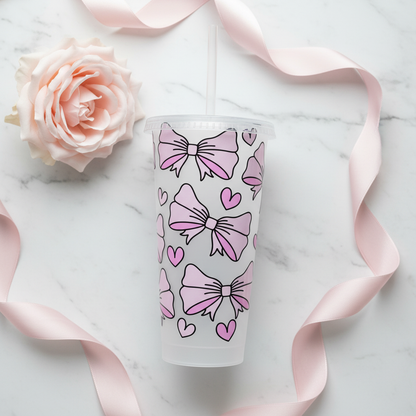 Pink Bow 24oz personalised cold cup with ribbon design - custom tumbler gift UK