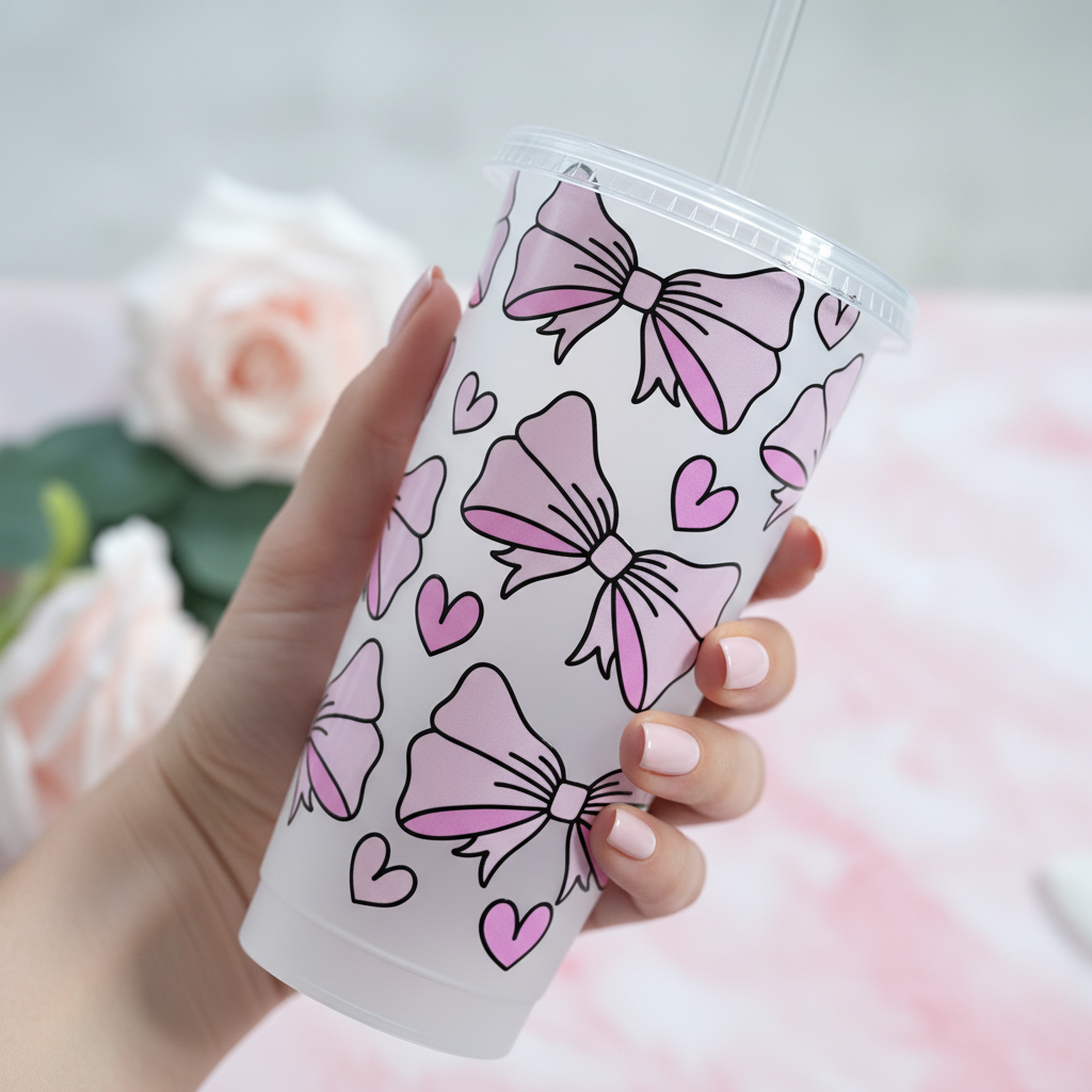 Close up of Pink Bow cold cup showing bow design detail - personalised 24oz tumbler UK