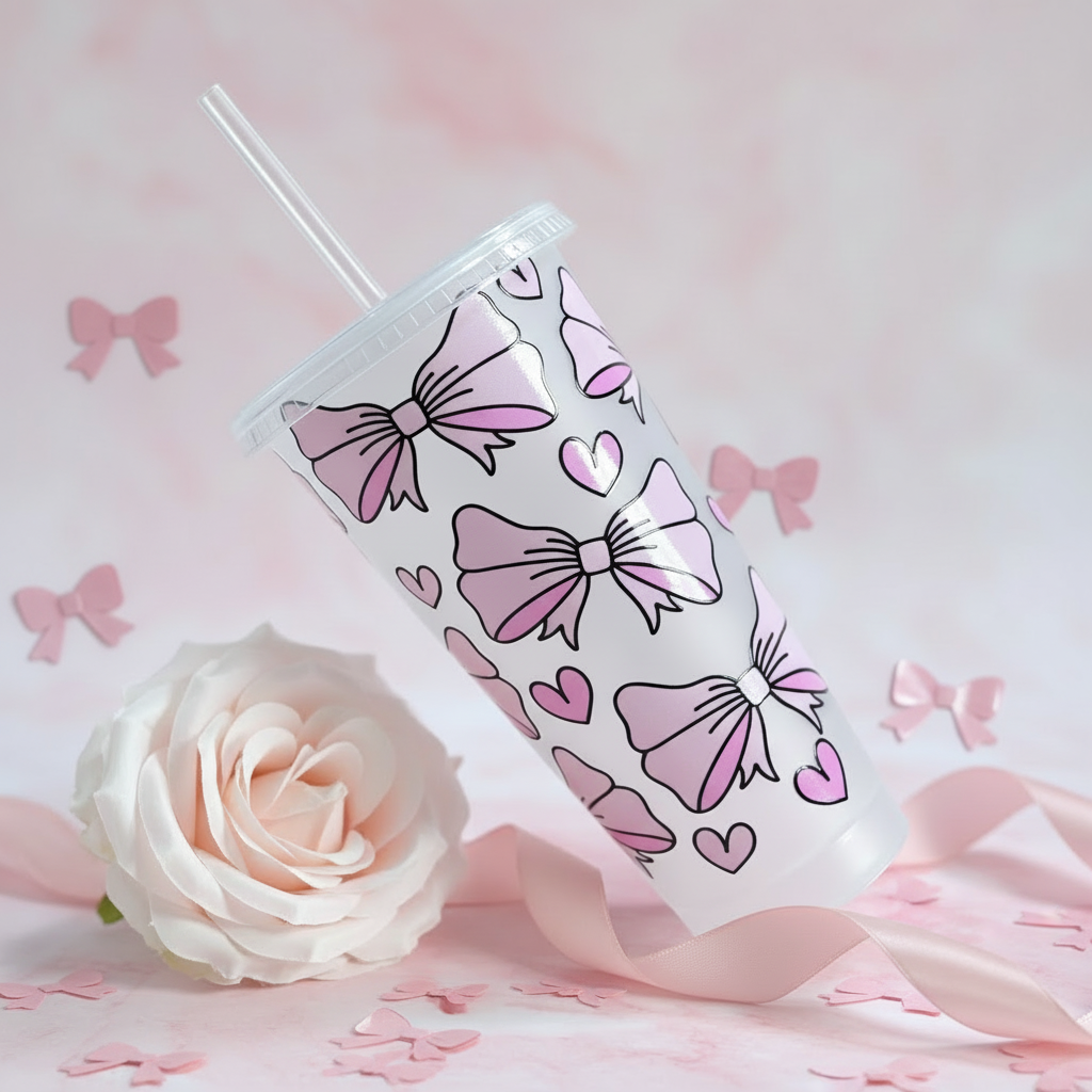 Personalised 24oz cold cup with straw featuring pink bow theme - handmade drinkware gift UK