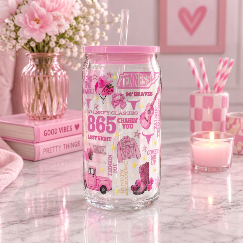 Pink Country Music 16oz plastic can cup with cowboy boots, hat, guitar and truck artwork, pink lid and clear straw.