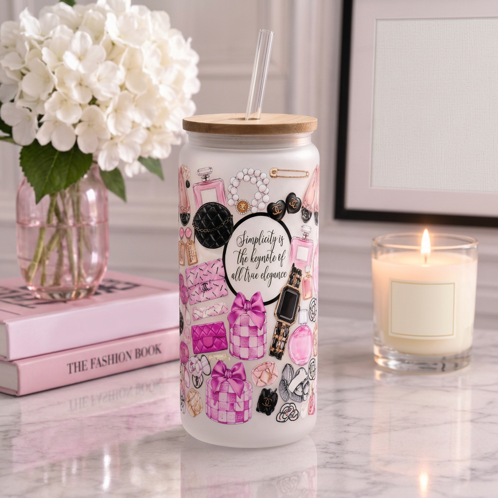 Pink fashion-themed frosted glass can cup with bows and gift box artwork, bamboo lid and clear glass straw.