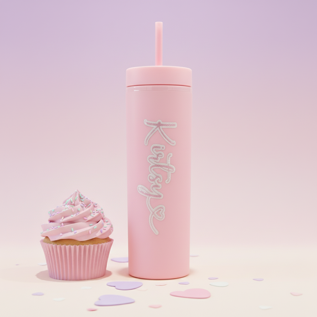 Personalised pink cold cup with custom name, UK handmade gift, standing upright next to pink frosted cupcake on pastel background with heart confetti