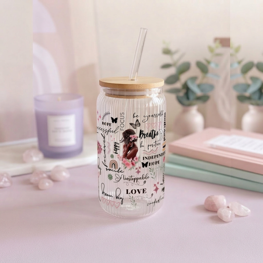 Positive Affirmations 16oz ribbed glass can cup with floral and butterfly artwork, bamboo lid and glass straw.
