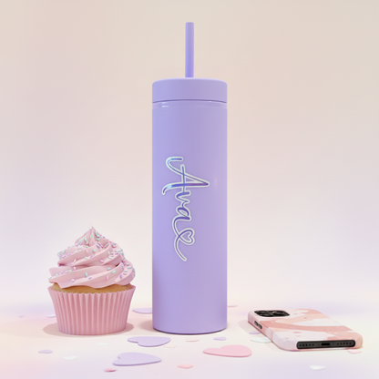 Personalised water bottle standing with pink cupcake, phone and heart confetti - girly birthday present idea for girls UK