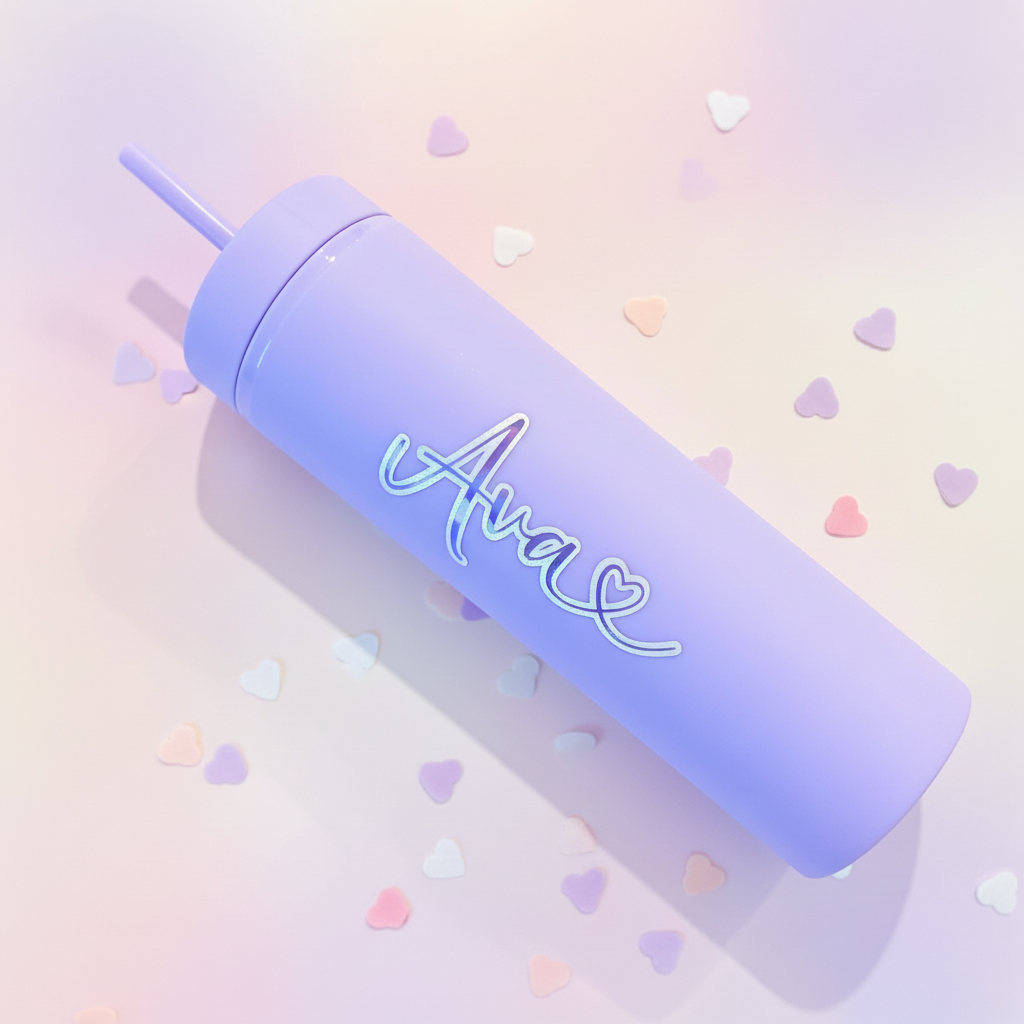 Personalised pastel purple water bottle with custom name in white script lettering, surrounded by pastel heart confetti - perfect birthday gift UK