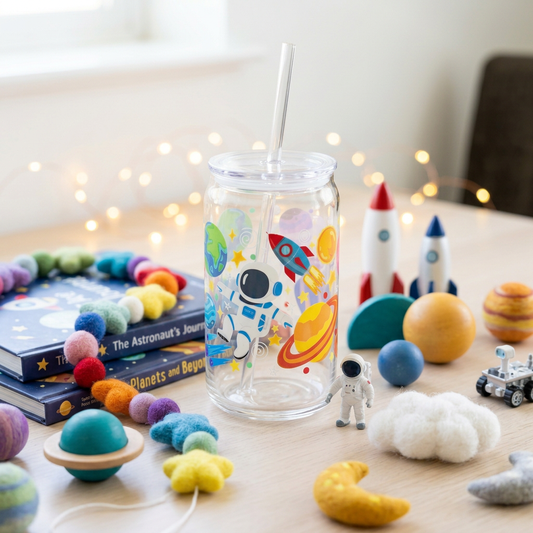 Space Adventure 16oz plastic can cup with colourful astronaut, rocket, planet and star artwork, clear lid and clear straw.