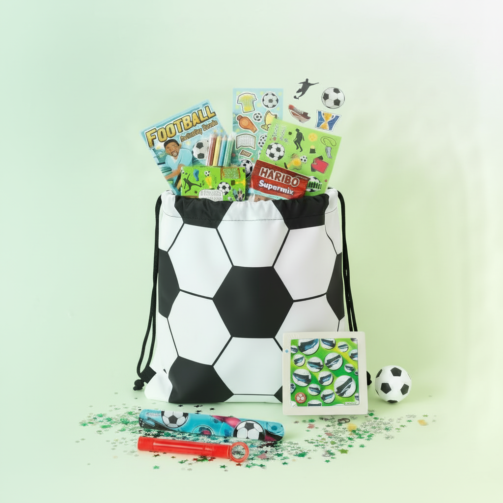 UK football drawstring party bag filled with activity book, sticker sheet, colouring pencils, memo card game, tattoo sheet, football activity book, football ac Haribo Supermix, bubble wand and sliding tile puzzle