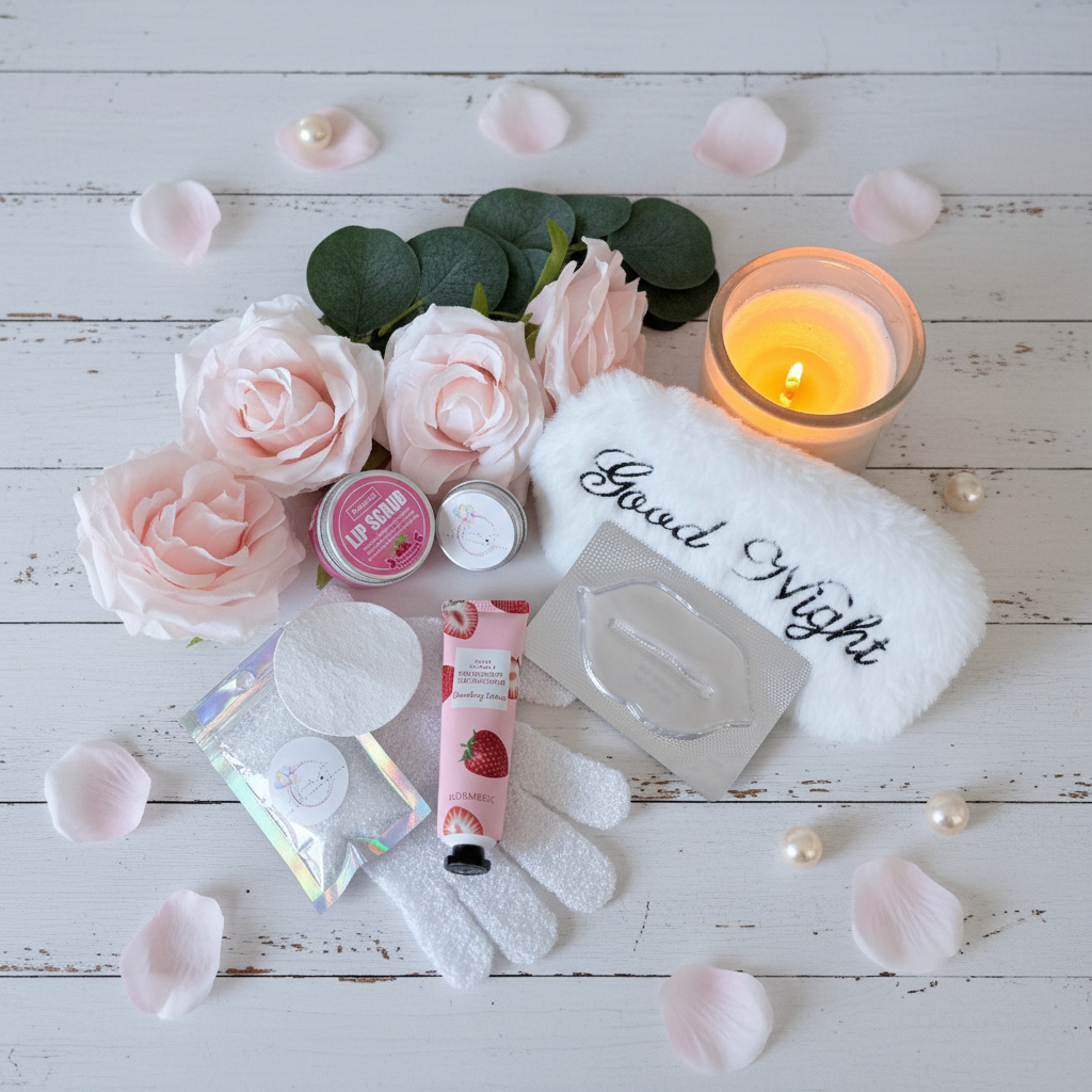 Ultimate white pamper gift set UK, includes fluffy sleep mask, strawberry hand cream, mini face scrub, raspberry lip scrub, lip mask, epsom salts and expanding mini face lather, handmade in the UK