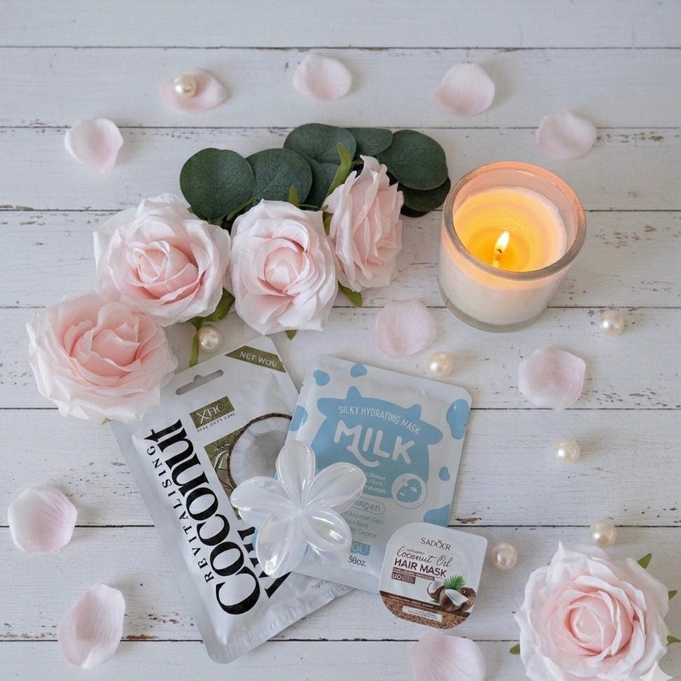 White pamper gift set for women UK – includes coconut hair mask, milk face mask, coconut foot mask and hair clip