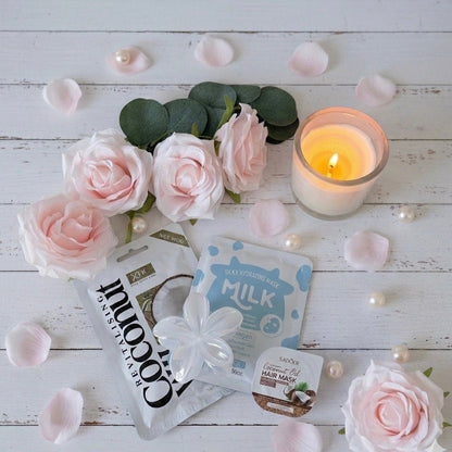 White pamper gift set for women UK – includes coconut hair mask, milk face mask, coconut foot mask and hair clip