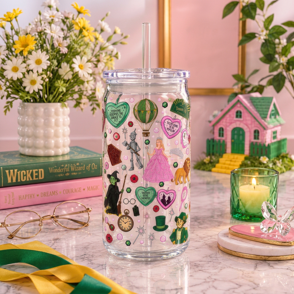 Wicked & Oz 16oz plastic can cup with pink and green character artwork, hearts and a hot-air balloon, clear lid and straw.