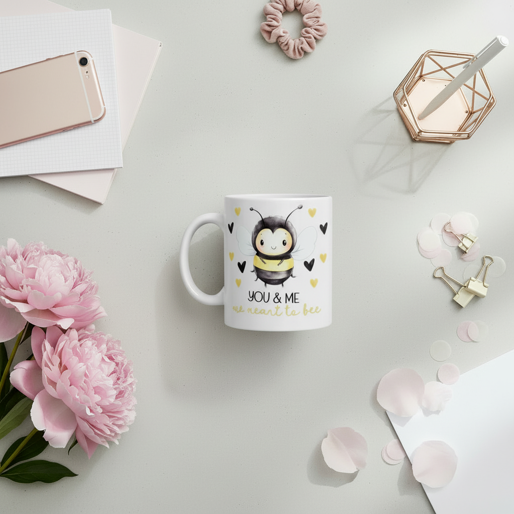 You & Me Meant to Bee mug UK overhead flat lay with pastel pink peonies and rose gold accessories - romantic bee ceramic mug
