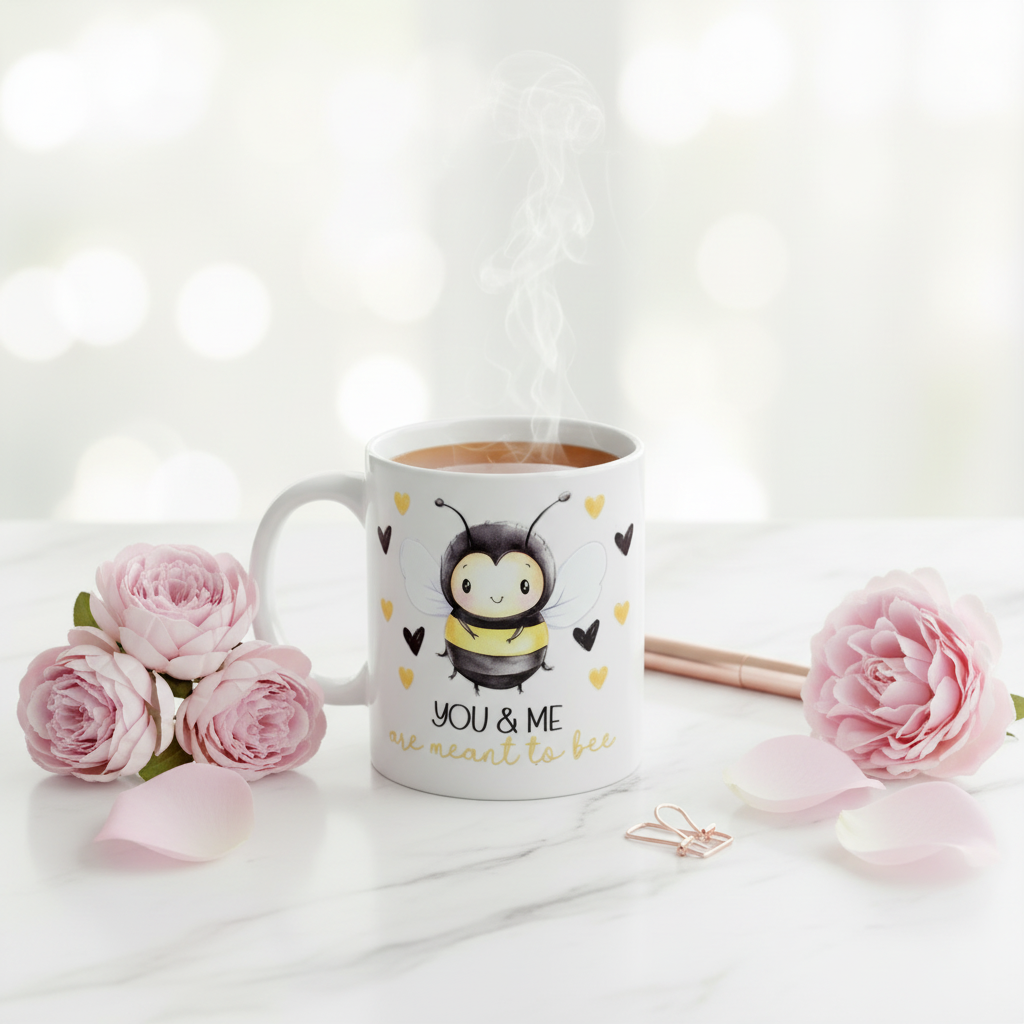 You & Me Meant to Bee mug UK with steaming tea and pink flowers - romantic bee gift mug lifestyle shot