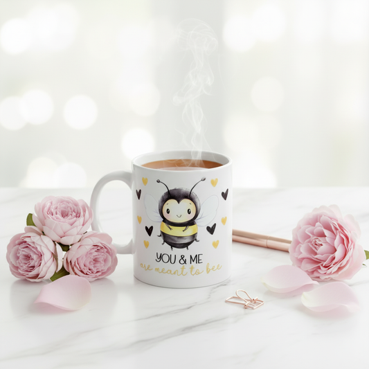 You & Me Meant to Bee mug UK with steaming tea and pink flowers - romantic bee gift mug lifestyle shot